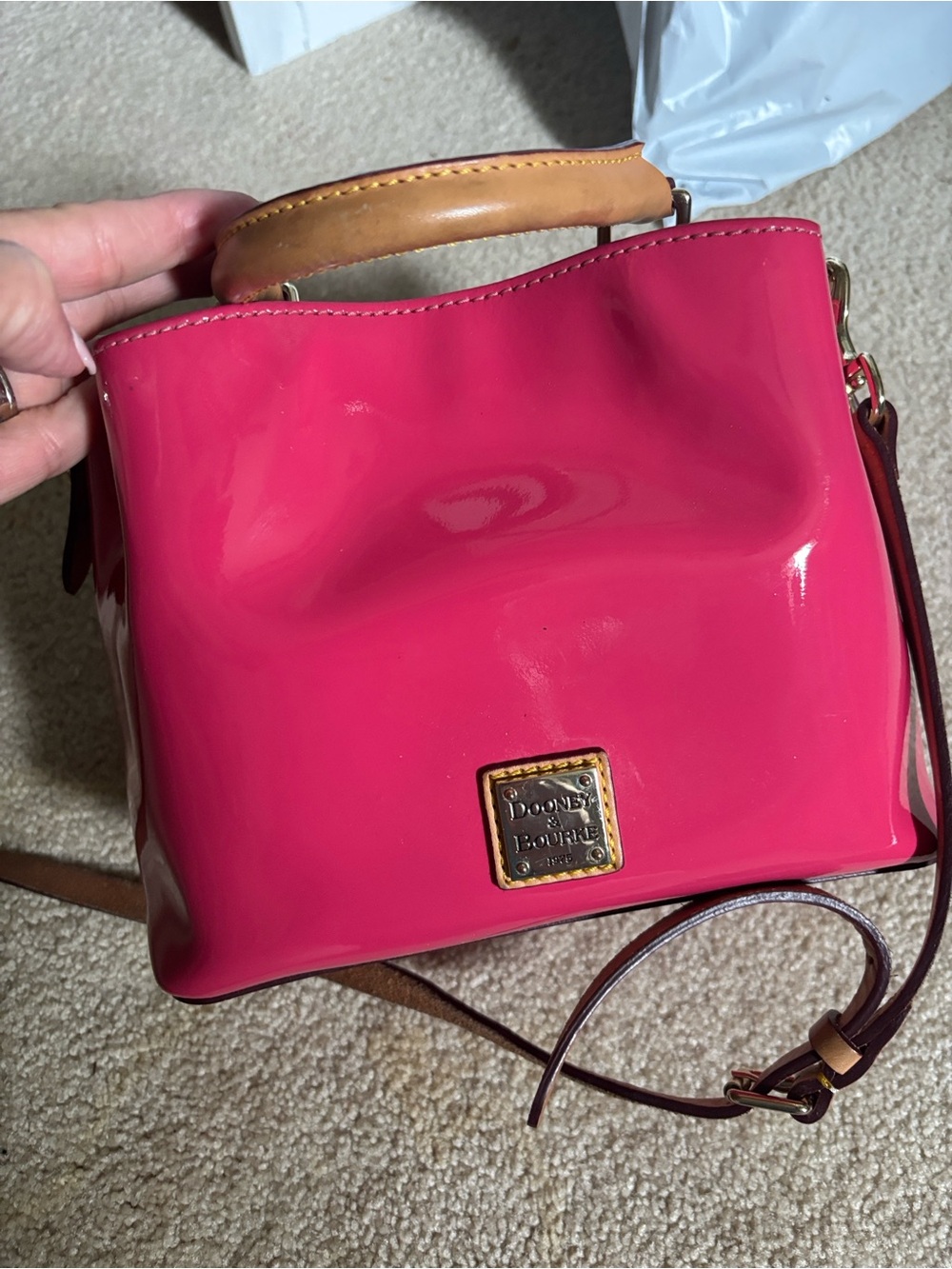 Dooney & Bourke Fuchsia Patent Crossbody with Tan Top Handle
